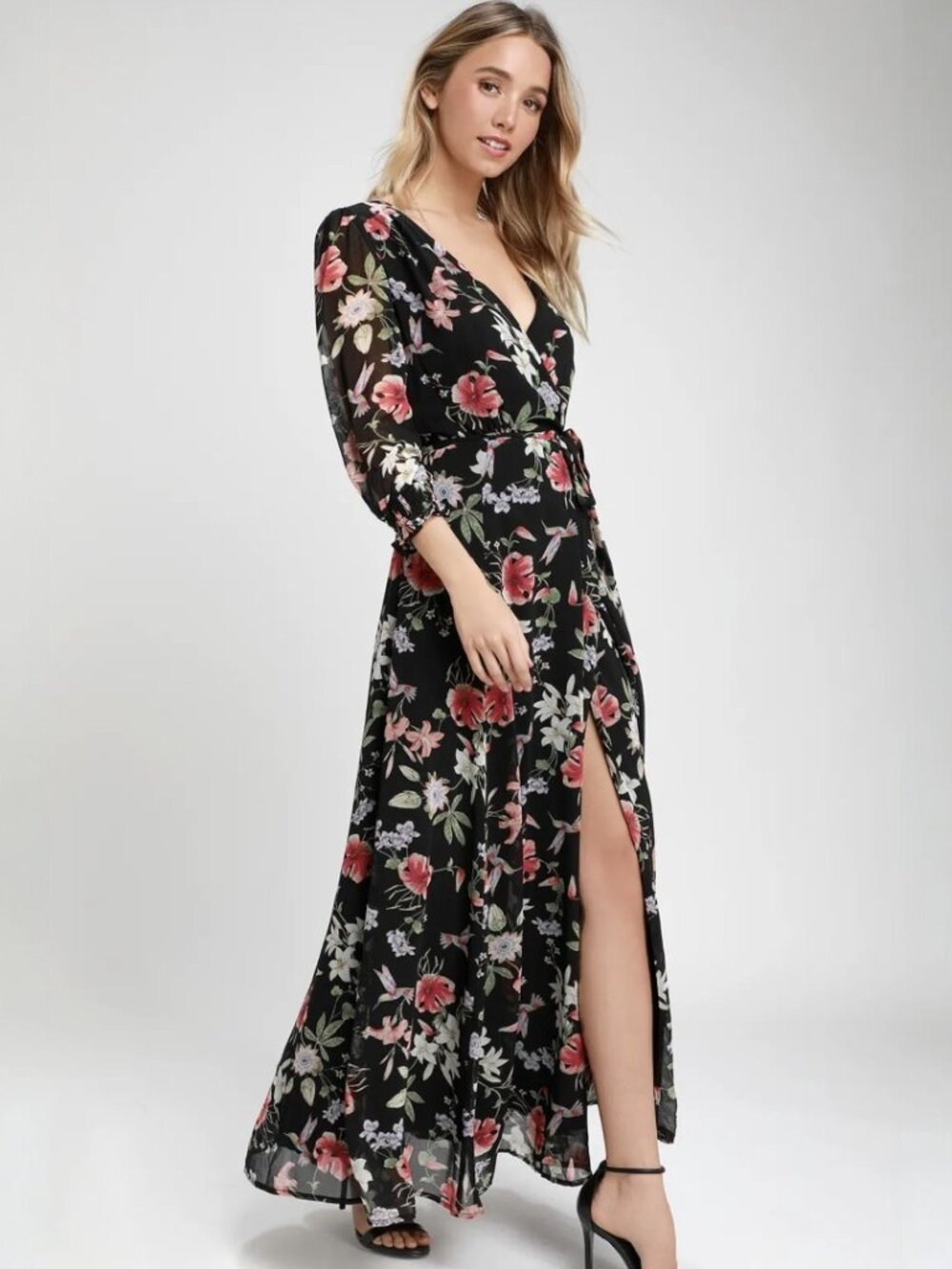 Lulus Awakened Black Floral Print Chiffon Maxi Wrap Dress NWT - Picture 3 of 8